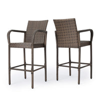 Drip Outdoor Barstool Chair Set of 2, Brown PE Rattan Woven and Iron - BM324323
