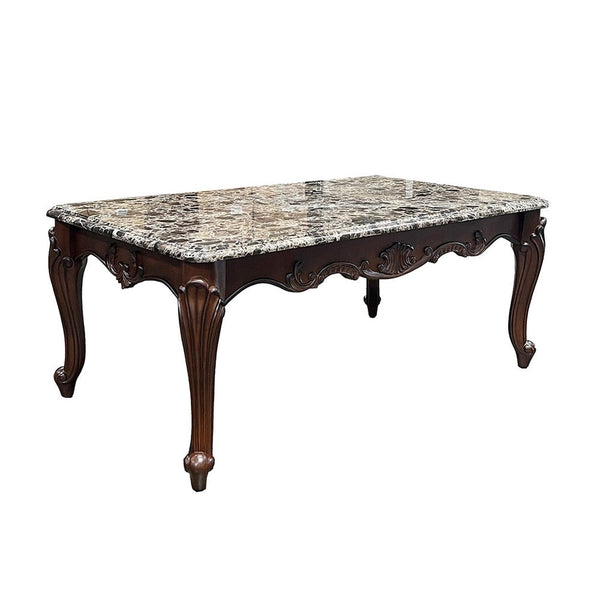Aliya Coffee Table, Rectangular 48 Inch Marble Top, Cherry Brown Wood