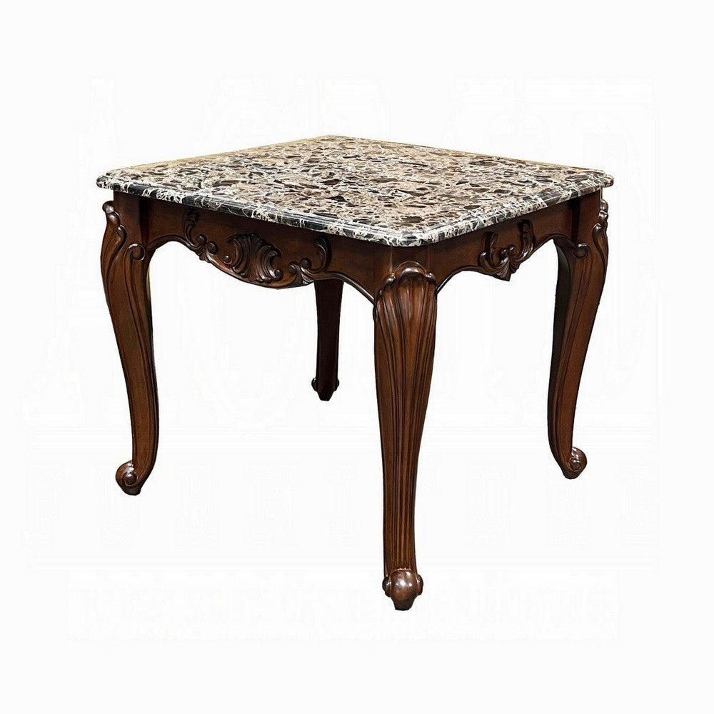 Aliya Side End Table, Rectangular 28 Inch Marble, Cherry Brown Wood -BM324340