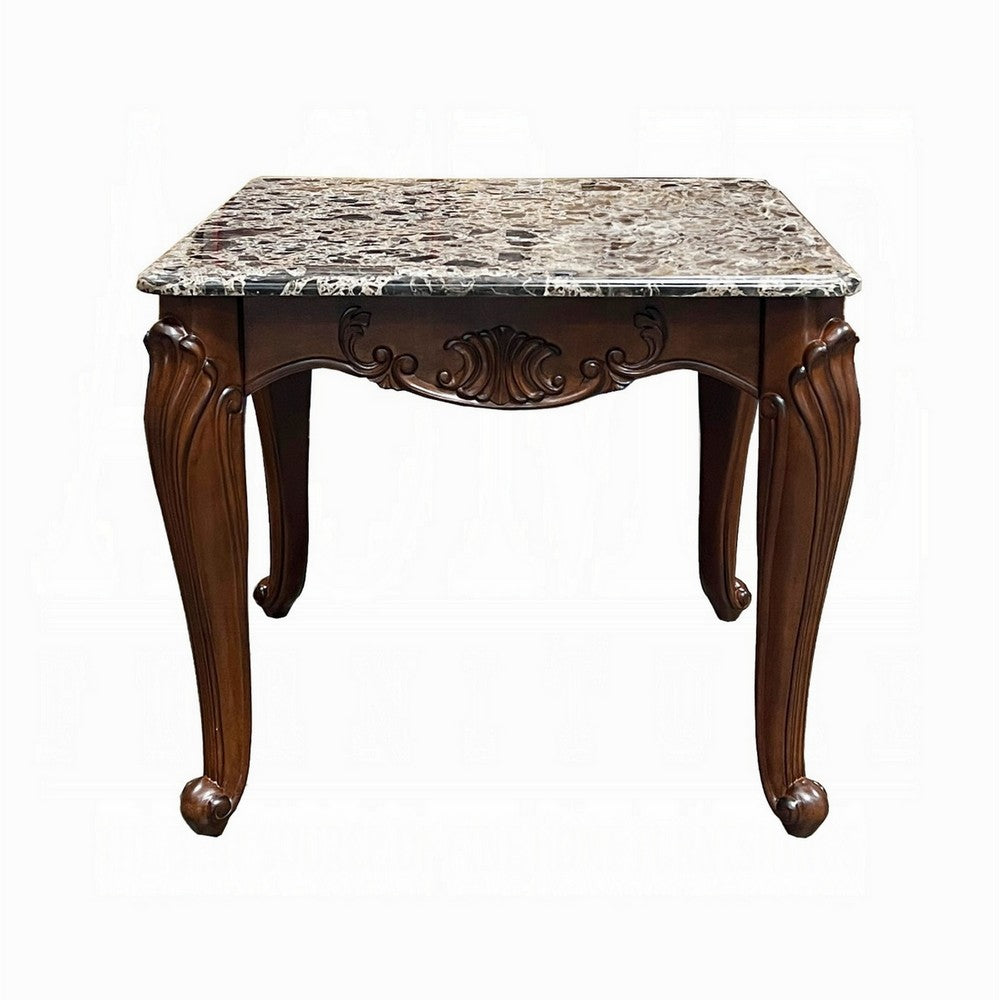 Aliya Side End Table, Rectangular 28 Inch Marble, Cherry Brown Wood -BM324340