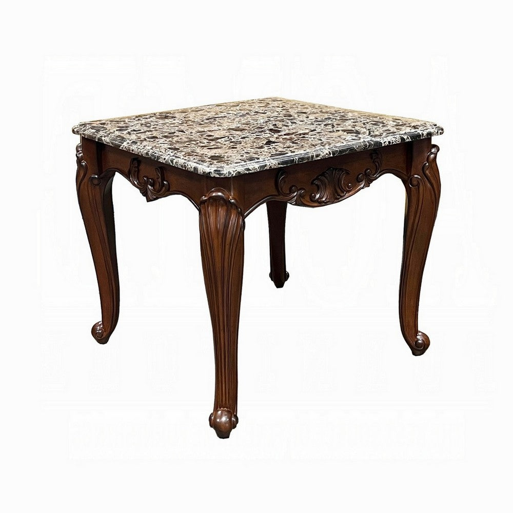 Aliya Side End Table, Rectangular 28 Inch Marble, Cherry Brown Wood -BM324340