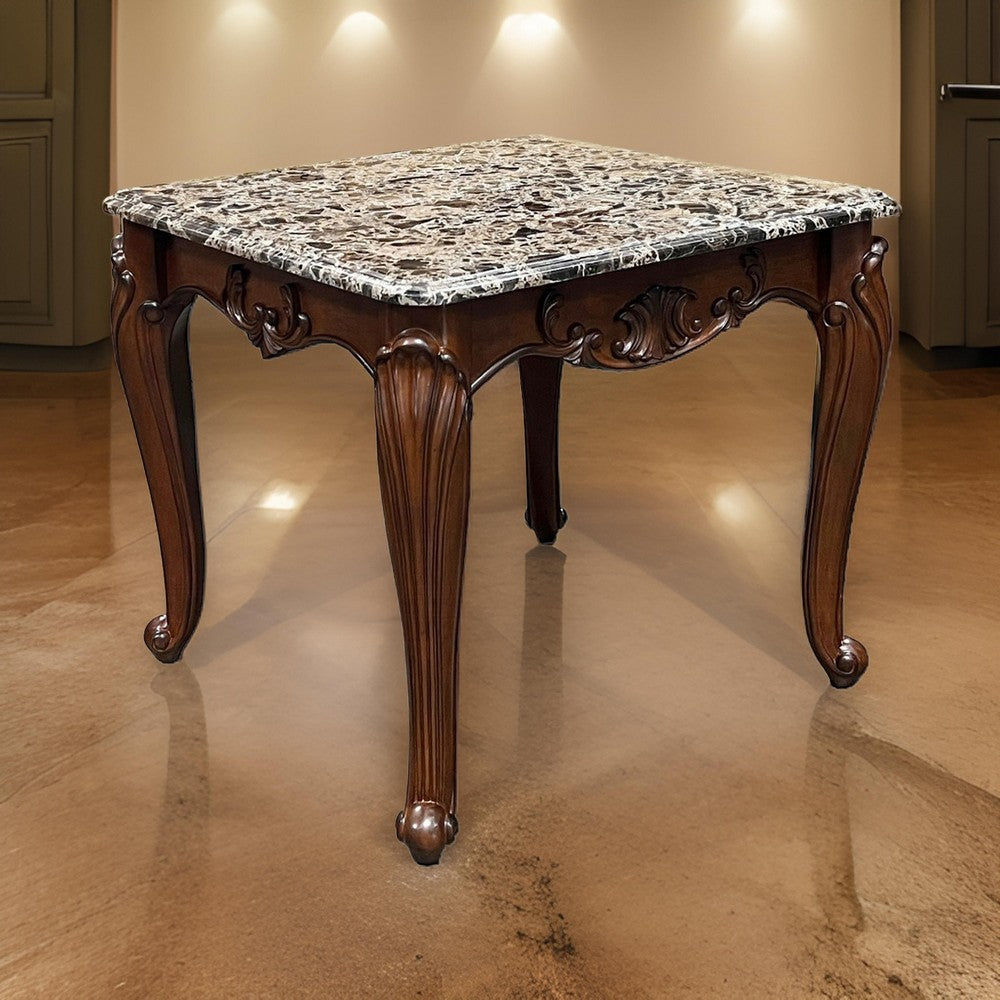 Aliya Side End Table, Rectangular 28 Inch Marble, Cherry Brown Wood -BM324340