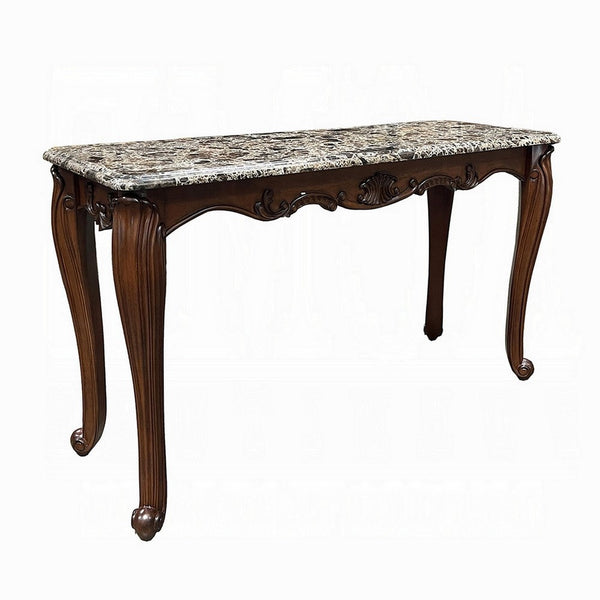 Aliya Sofa Table, Rectangular 52 Inch Marble Top, Cherry Brown Wood
