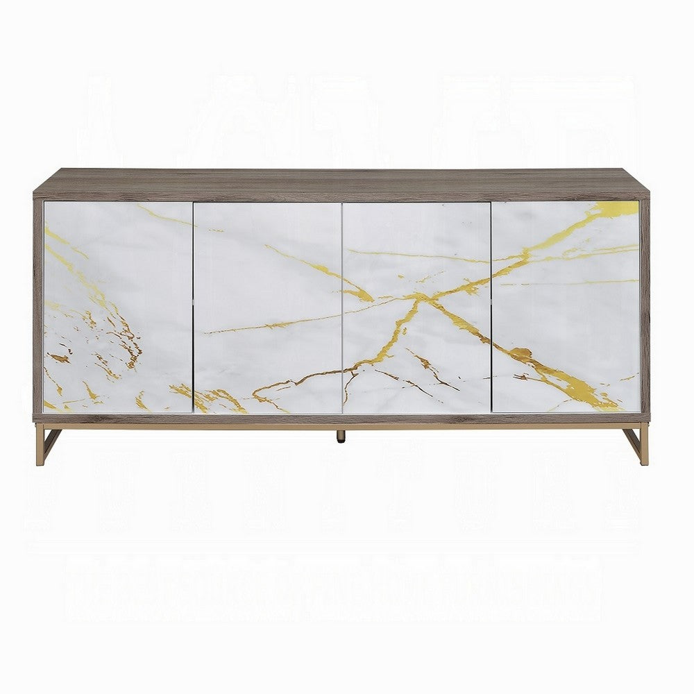 Avia Sideboard Console Cabinet, White Marble Look 4 Door Brown 65 Inch -BM324345