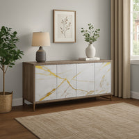 Avia Sideboard Console Cabinet, White Marble Look 4 Door Brown 65 Inch -BM324345