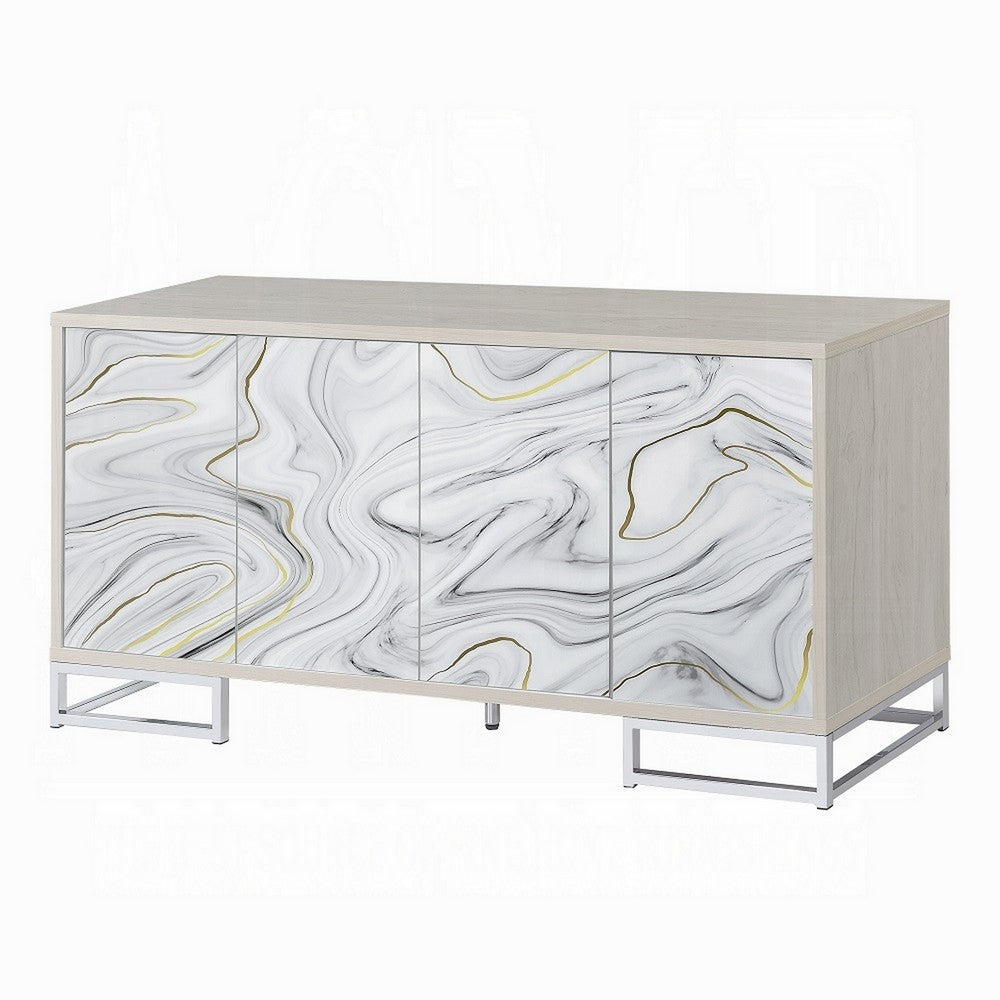Anok Sideboard Console Cabinet, White Marble Look, Chrome, 65 Inch -BM324347