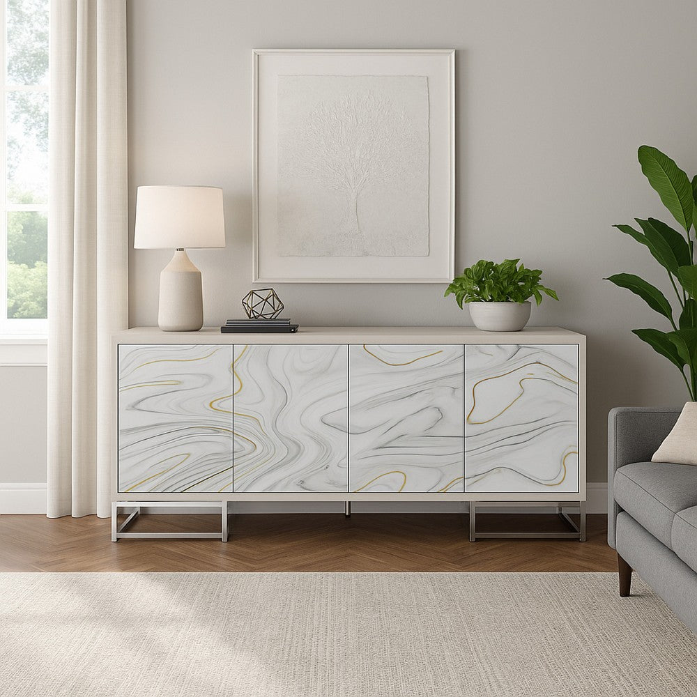 Anok Sideboard Console Cabinet, White Marble Look, Chrome, 65 Inch -BM324347
