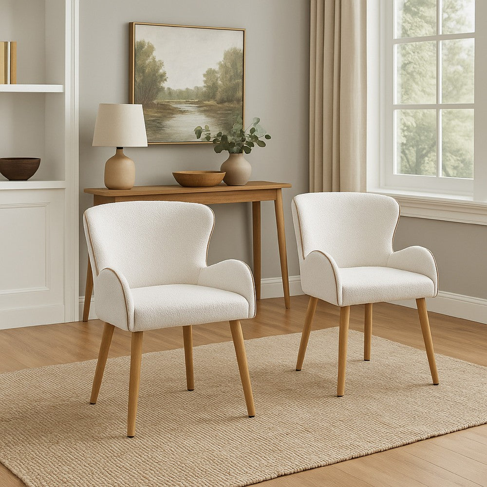 Willy Side Chair Set of 2, White Boucle, Soft Padding, Brown Wood Legs -BM324352