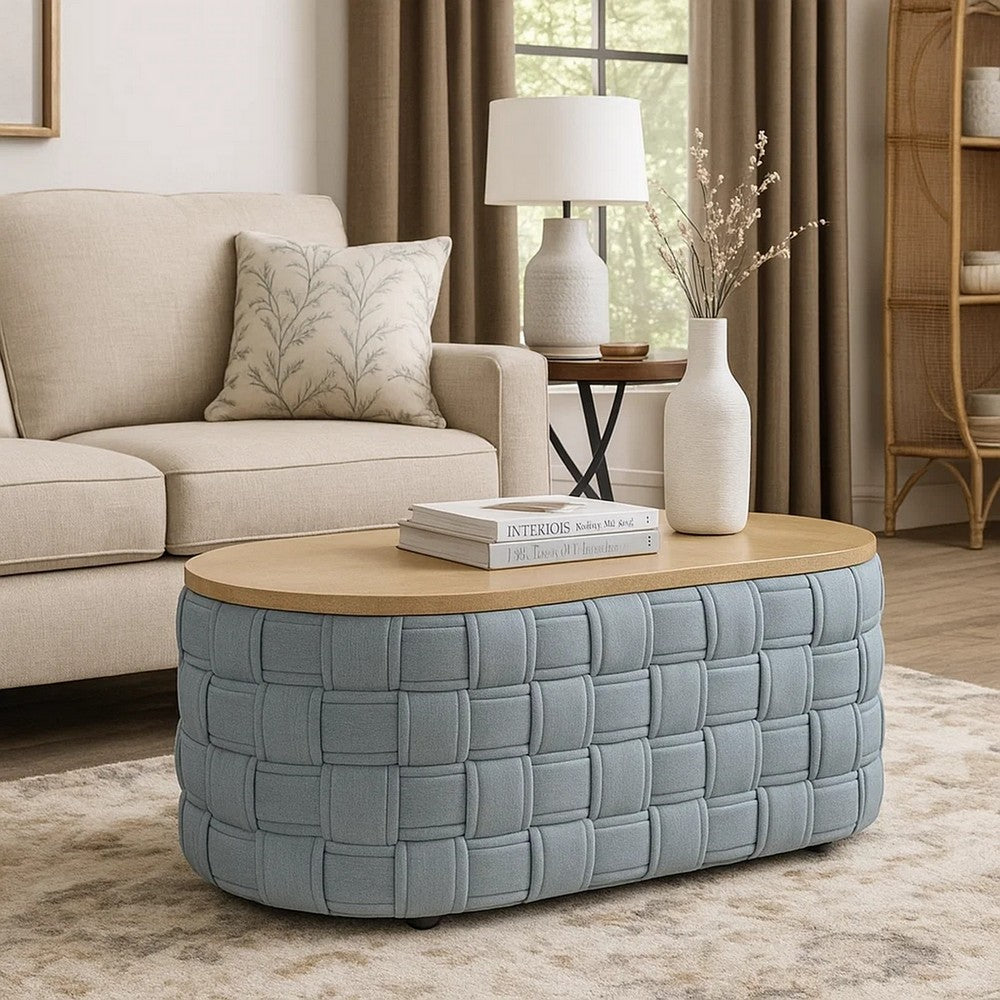 Reah Coffee Table, Knitted Light Blue Chenille, Brown Wood, 41 Inch -BM324356