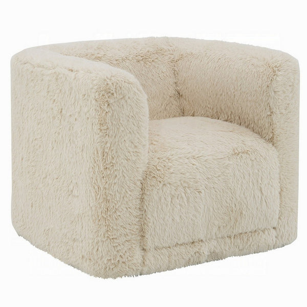 Savoir Swivel Accent Chair, Modern Soft Furry Beige Fabric, Round Arms -BM324359