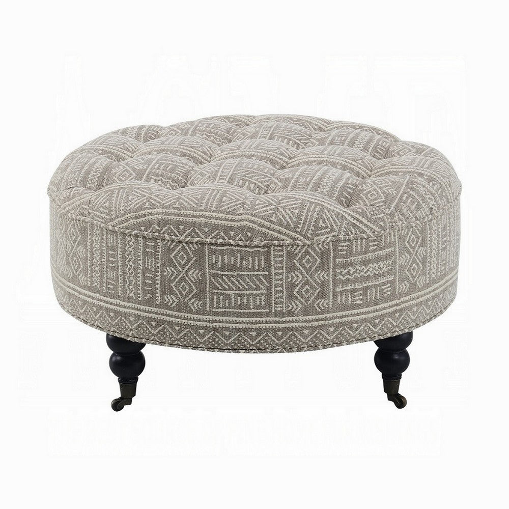 benzara Savoir Ottoman Beige White Fabric Caster Wheels Black Legs 32 Inch -BM324361