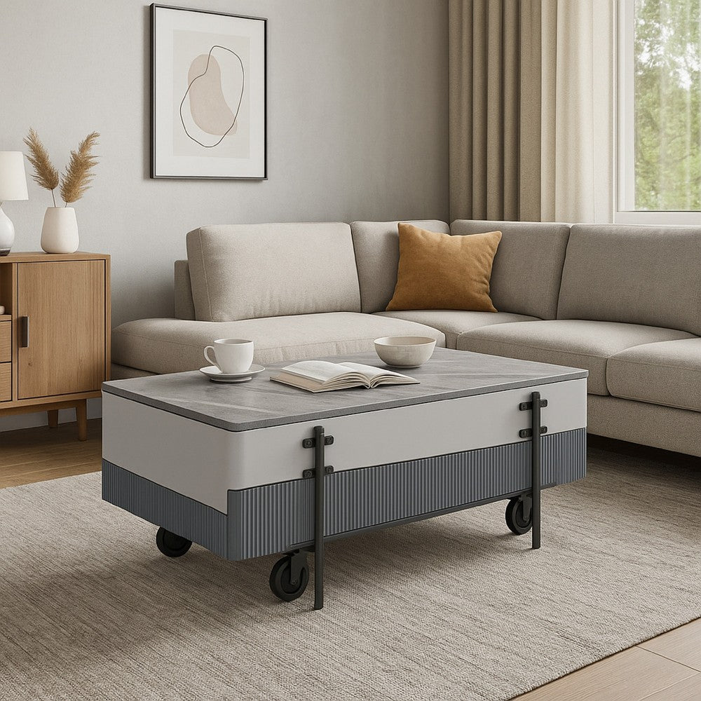 Mindy Coffee Table with Lift Top, 3 Compartments, White Gray 47 Inch -BM324380