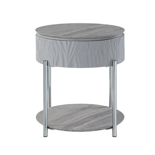 Doug Side End Table, 22 Inch Gray High Gloss Wood, Chrome Metal Finish -BM324383