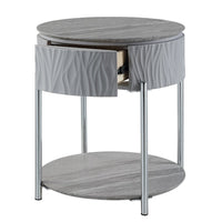 Doug Side End Table, 22 Inch Gray High Gloss Wood, Chrome Metal Finish -BM324383