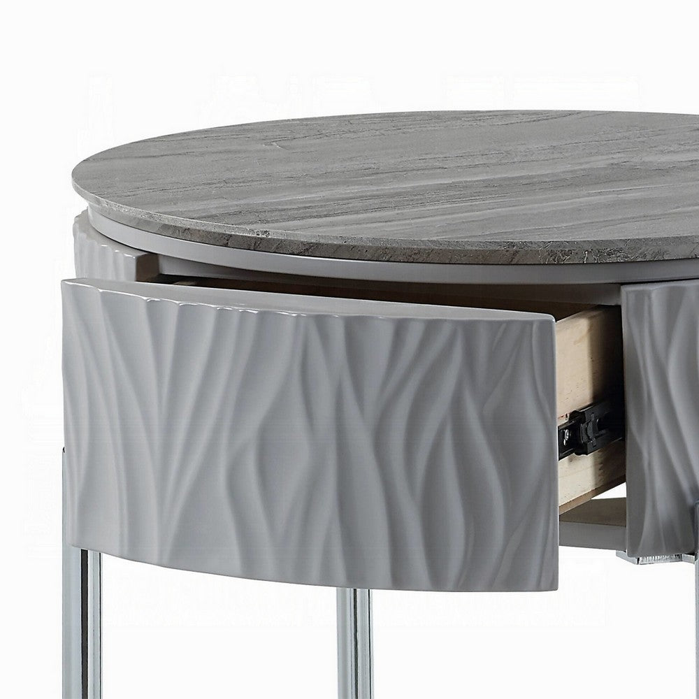 Doug Side End Table, 22 Inch Gray High Gloss Wood, Chrome Metal Finish -BM324383