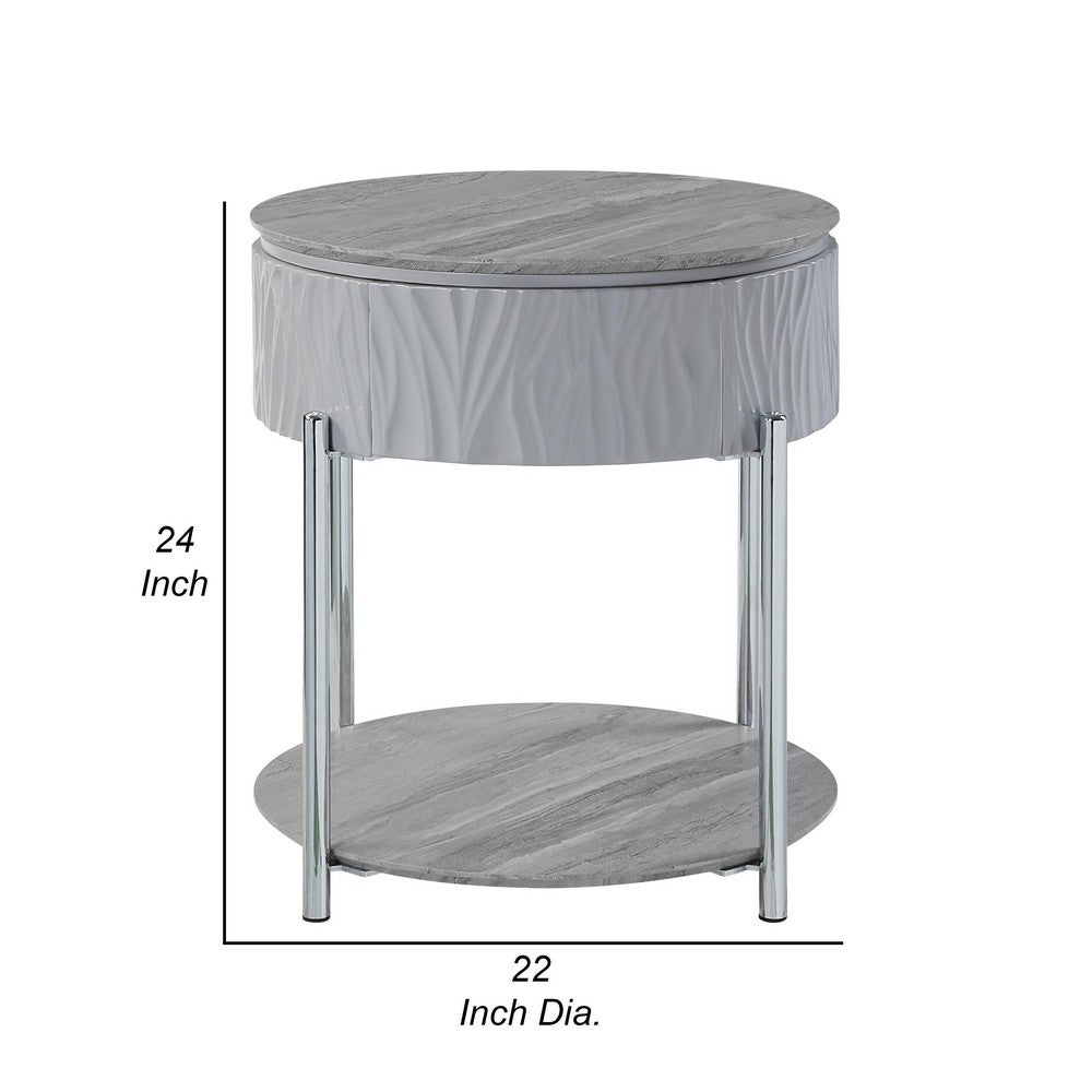 Doug Side End Table, 22 Inch Gray High Gloss Wood, Chrome Metal Finish -BM324383