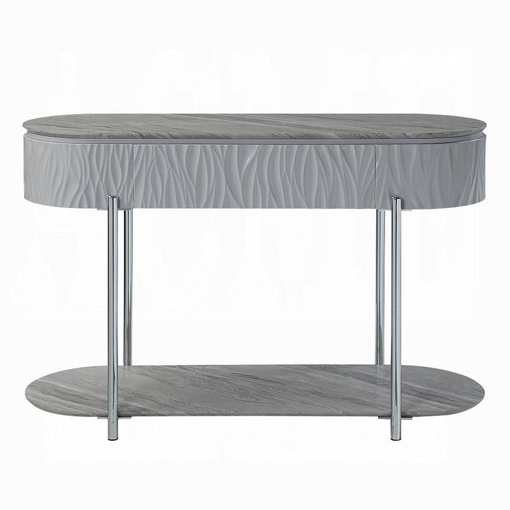 Doug Sofa Table, Gray High Gloss Wood, Drawers, Chrome Metal, 47 Inch -BM324384