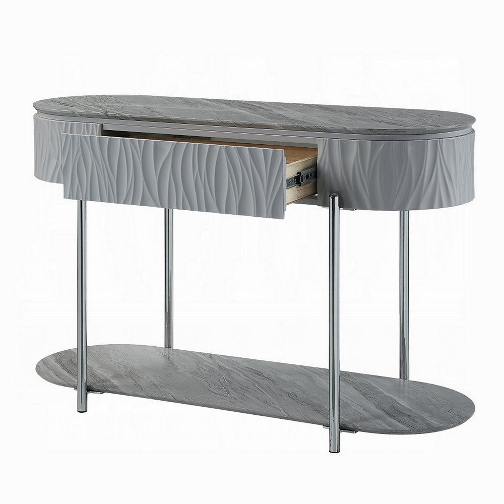 Doug Sofa Table, Gray High Gloss Wood, Drawers, Chrome Metal, 47 Inch -BM324384