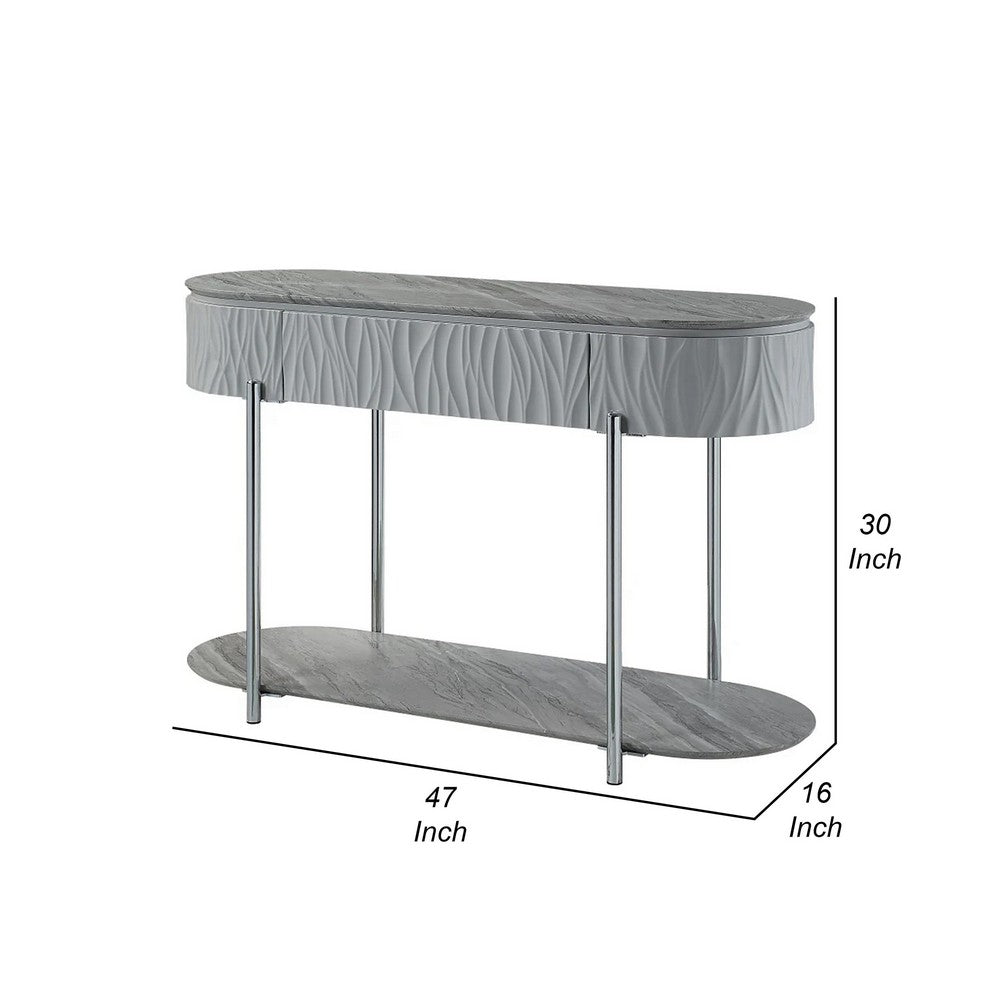 Doug Sofa Table, Gray High Gloss Wood, Drawers, Chrome Metal, 47 Inch -BM324384
