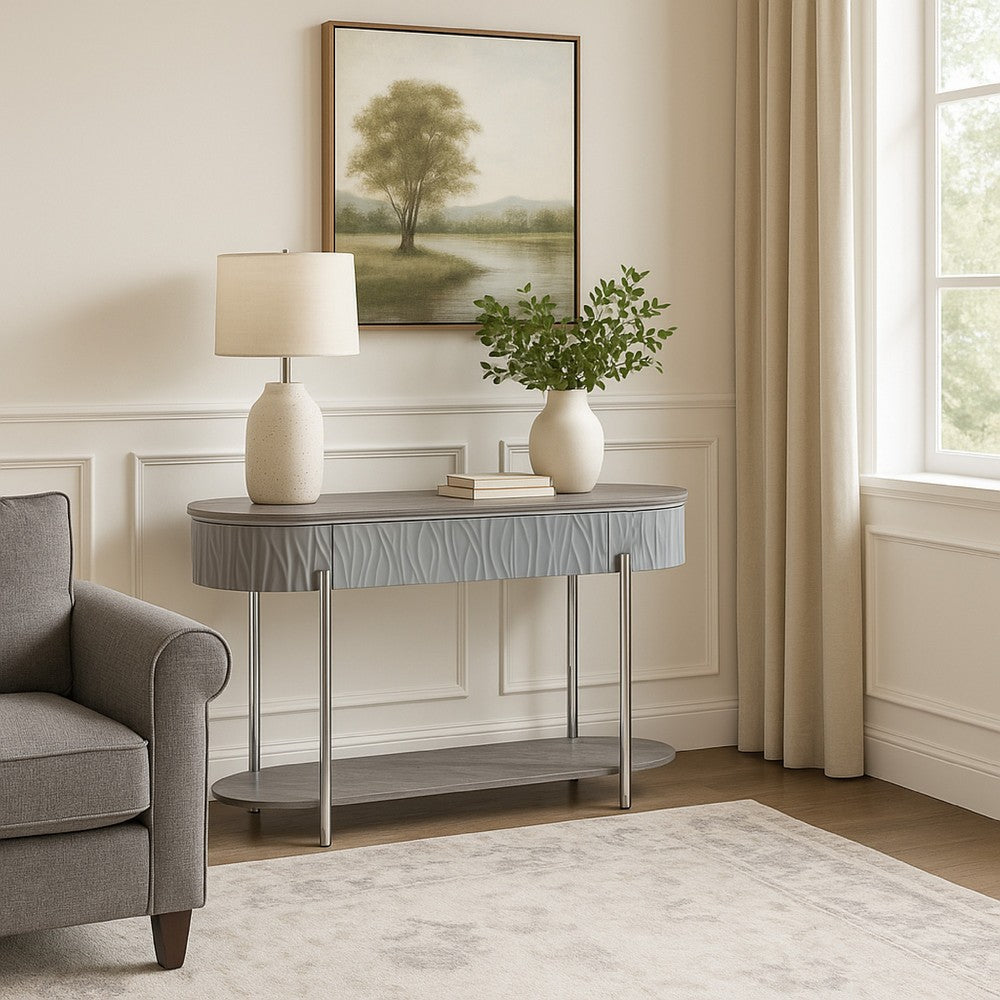 Doug Sofa Table, Gray High Gloss Wood, Drawers, Chrome Metal, 47 Inch -BM324384