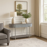 Doug Sofa Table, Gray High Gloss Wood, Drawers, Chrome Metal, 47 Inch -BM324384