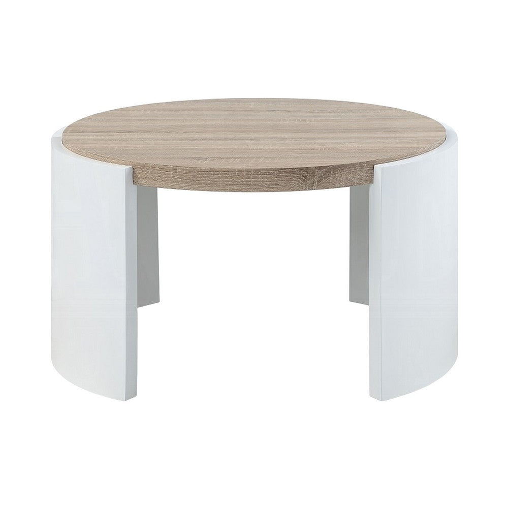 Romani Coffee Table, White High Gloss Wood, Brown Top, Round 33 Inch -BM324385