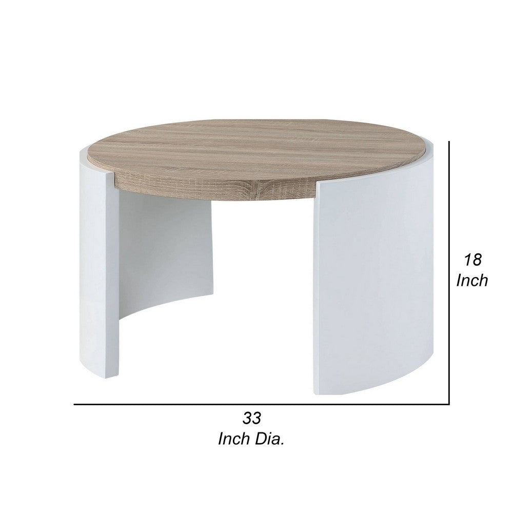 Romani Coffee Table, White High Gloss Wood, Brown Top, Round 33 Inch -BM324385