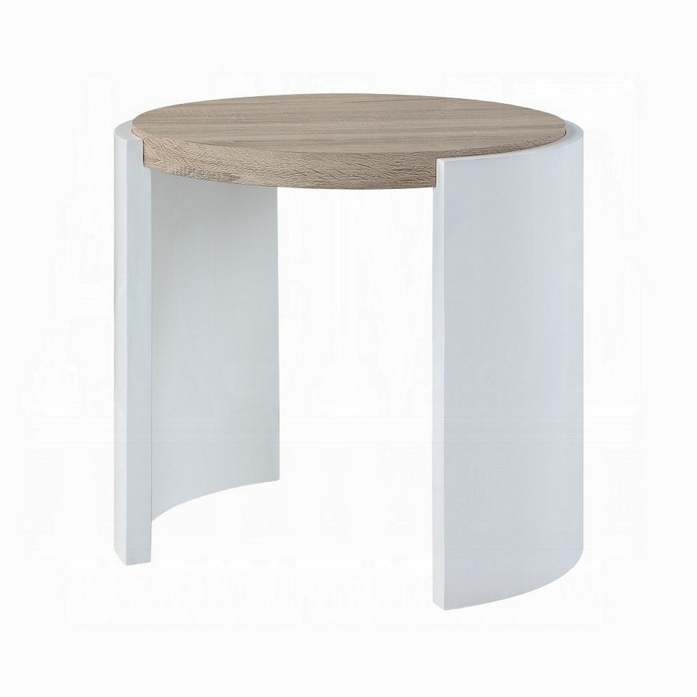 Romani Side End Table, White High Gloss Wood, Brown Top, Oval 26 Inch -BM324386