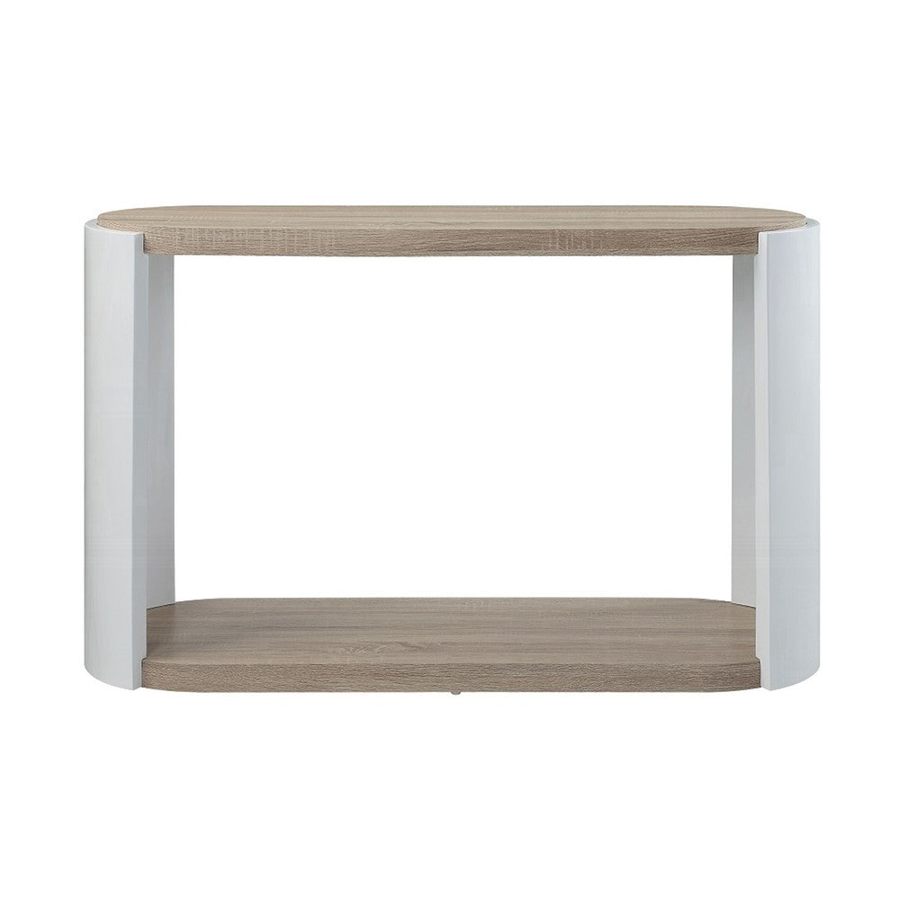 Romani Sofa Console Table, White High Gloss Wood, Brown, Oval 47 Inch -BM324387