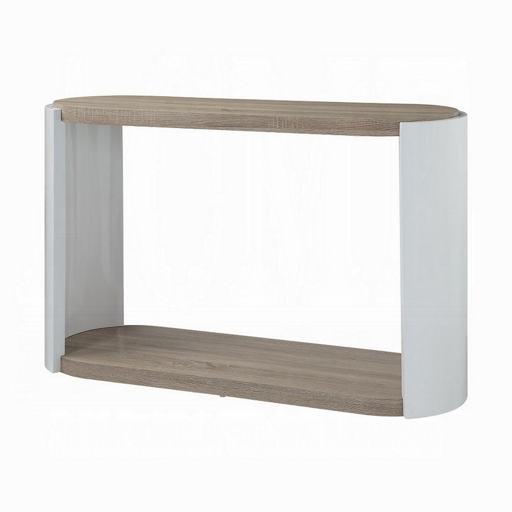 Romani Sofa Console Table, White High Gloss Wood, Brown, Oval 47 Inch -BM324387