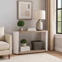 Romani Sofa Console Table, White High Gloss Wood, Brown, Oval 47 Inch -BM324387