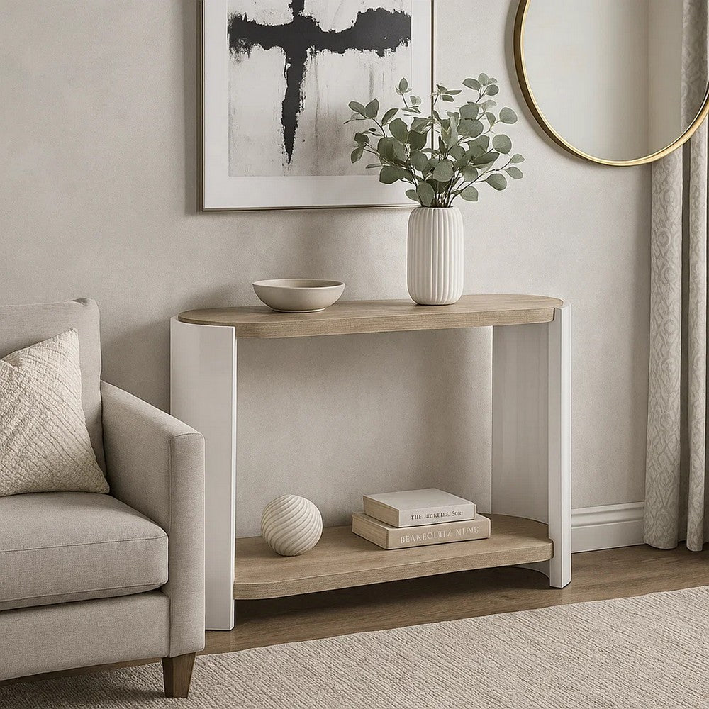 Romani Sofa Console Table, White High Gloss Wood, Brown, Oval 47 Inch -BM324387
