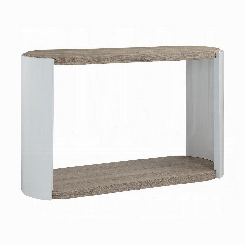 Romani Sofa Console Table, White High Gloss Wood, Brown, Oval 47 Inch -BM324387