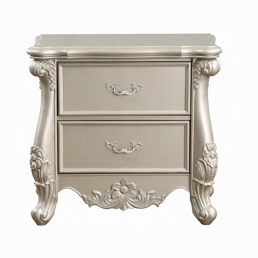 Bowe Nightstand with 2 Drawers, Scrolled, 32 Inch Champagne Gold Wood -BM324396