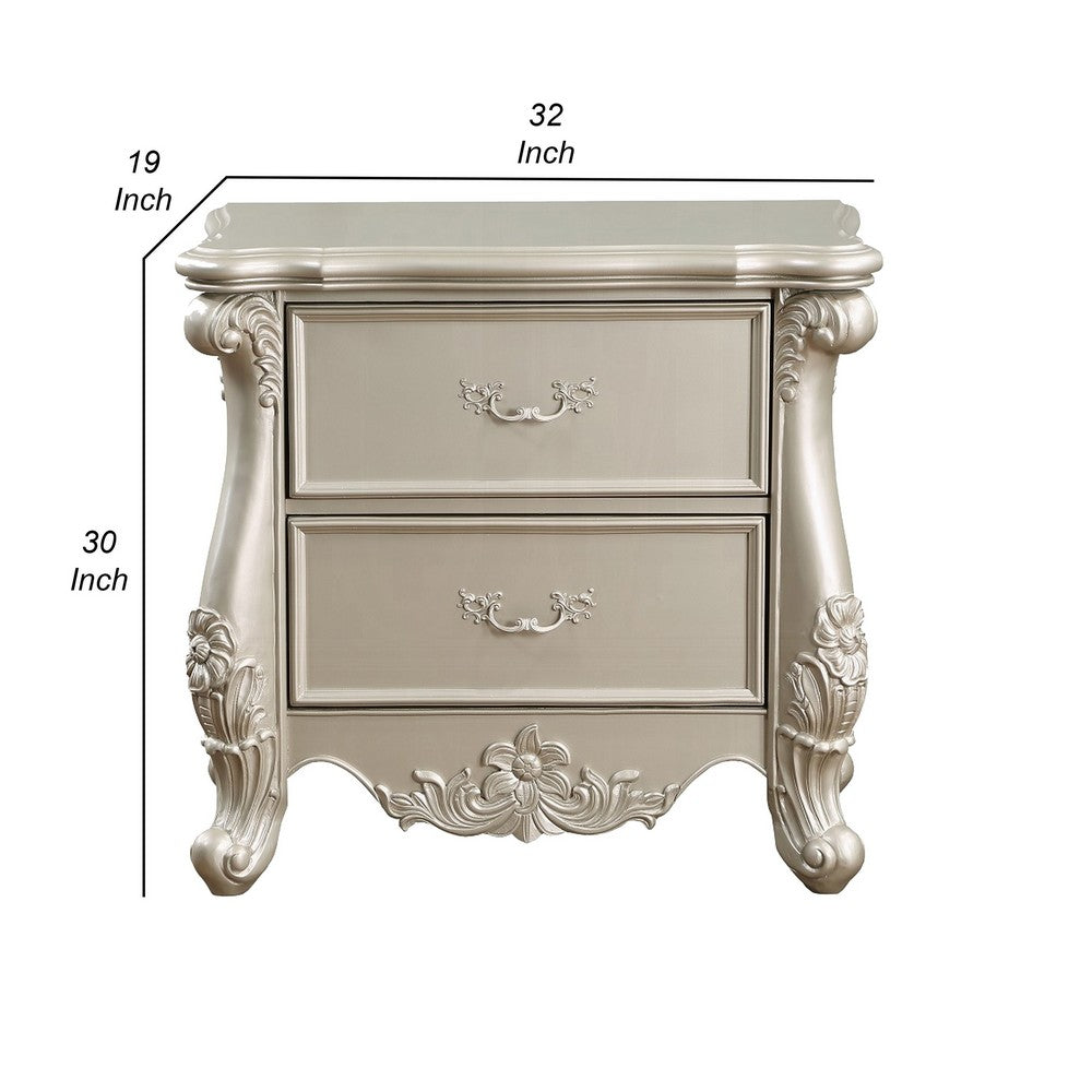 Bowe Nightstand with 2 Drawers, Scrolled, 32 Inch Champagne Gold Wood -BM324396