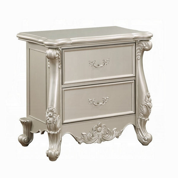 Bowe Nightstand with 2 Drawers, Scrolled, 32 Inch Champagne Gold Wood
