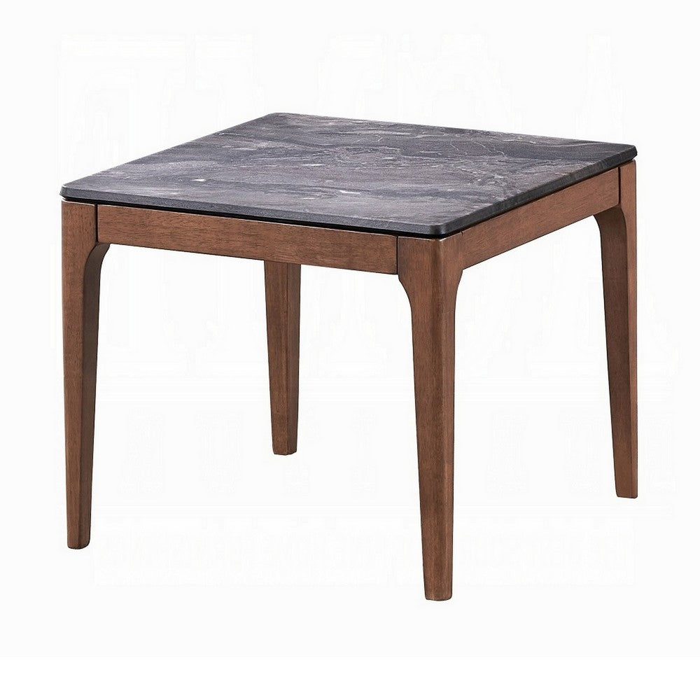 Evis Side End Table, 24 Inch Square Gray Faux Stone Top, Brown Wood -BM324404