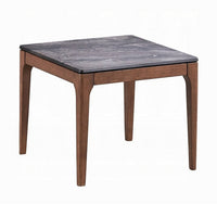 Evis Side End Table, 24 Inch Square Gray Faux Stone Top, Brown Wood