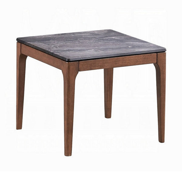 Evis Side End Table, 24 Inch Square Gray Faux Stone Top, Brown Wood