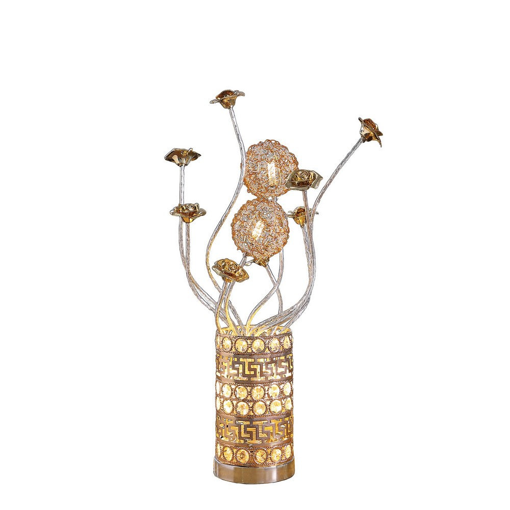 Table Lamp, Rose Bud Floral Vase, Cage Textured Gold Chrome 22 Inch  -BM324412
