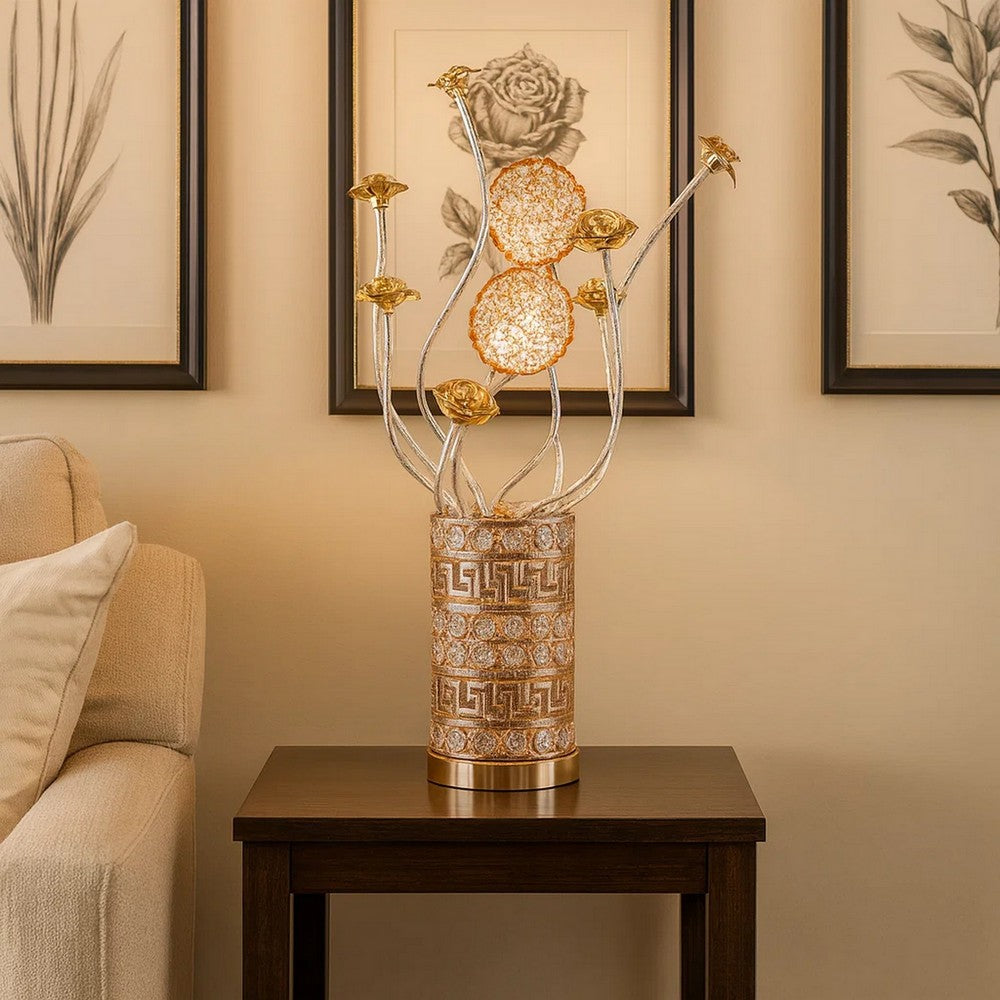 Table Lamp, Rose Bud Floral Vase, Cage Textured Gold Chrome 22 Inch  -BM324412