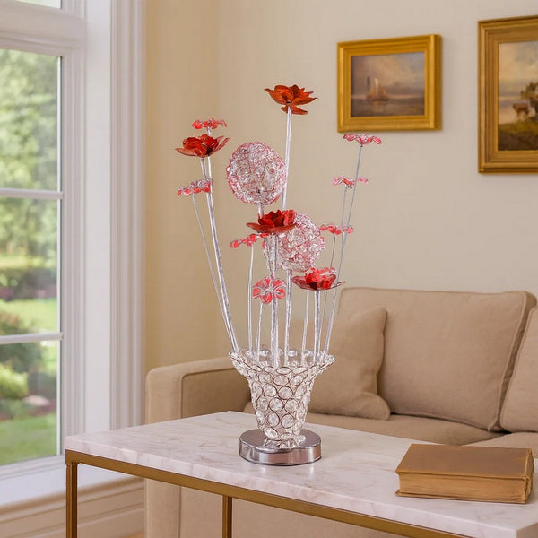 Accent Table Lamp, LED, Red Roses Trumpet Crystal Vase, Chrome 21 Inch -BM324413