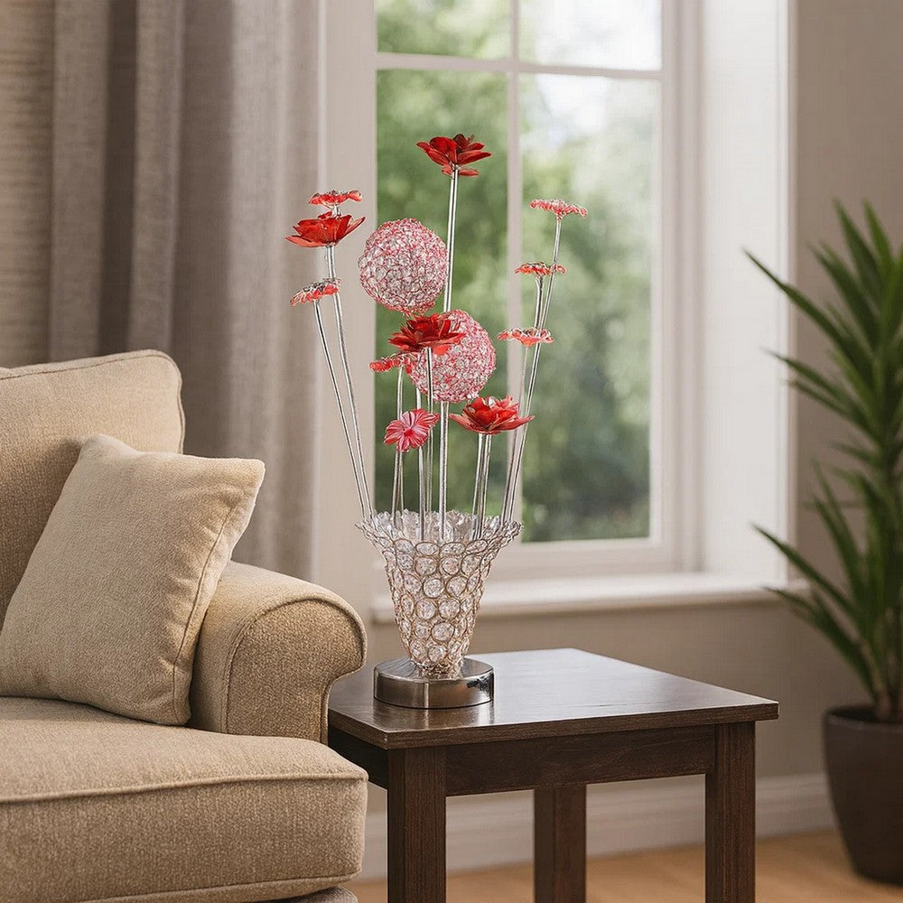 Accent Table Lamp, LED, Red Roses Trumpet Crystal Vase, Chrome 21 Inch -BM324413