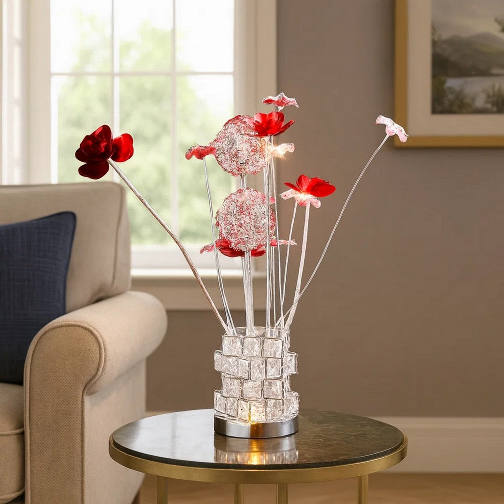 Accent Table Lamp, LED, Red Roses, Crystal Square Vase, Chrome 21 Inch -BM324415