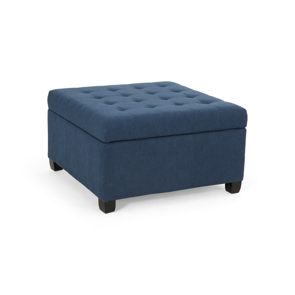 Cindy Ottoman, 31 Inch Square  w Storage, Birch Wood, Blue Polyester - BM324420