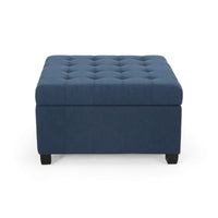 Cindy Ottoman, 31 Inch Square  w Storage, Birch Wood, Blue Polyester - BM324420