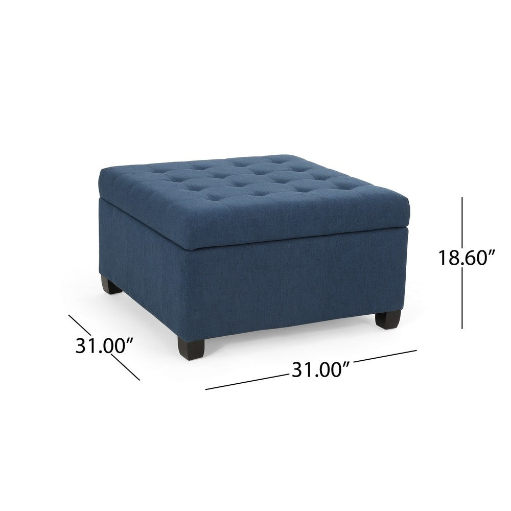 Cindy Ottoman, 31 Inch Square  w Storage, Birch Wood, Blue Polyester - BM324420