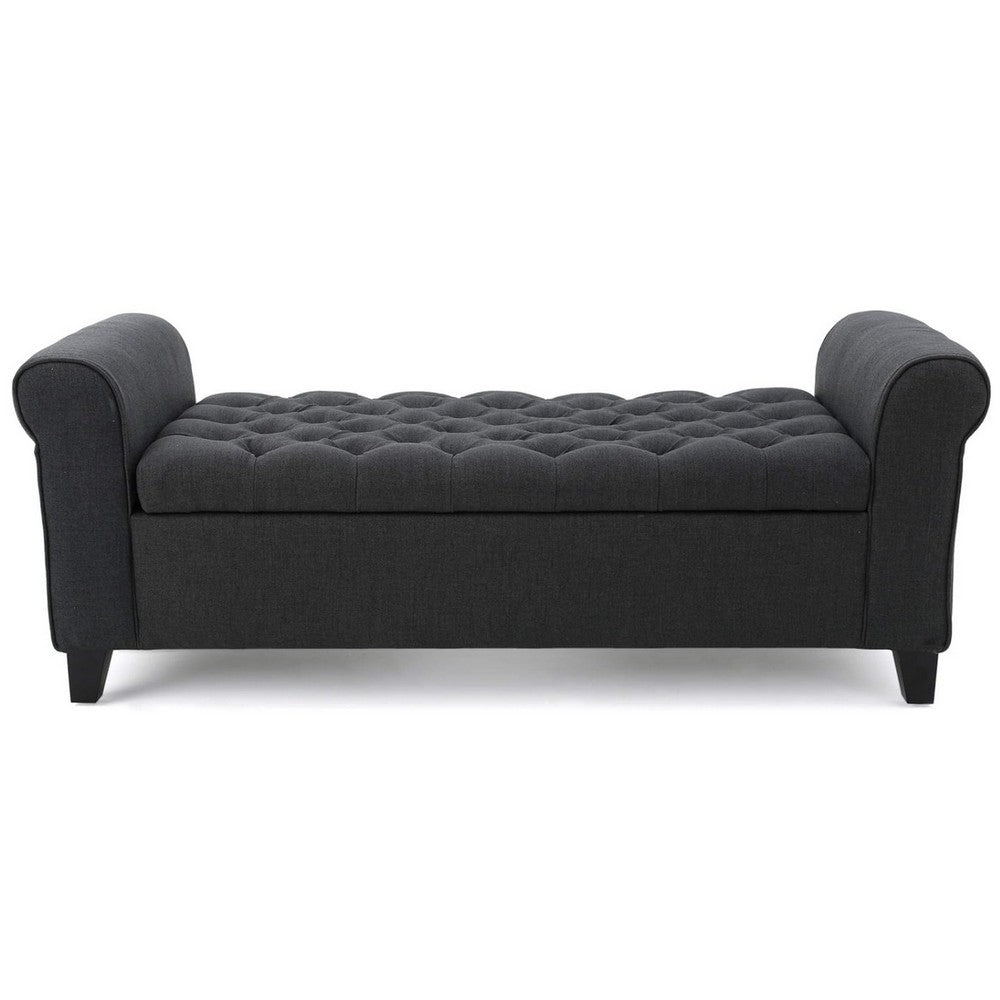 Shawn Storage Bench with Rolled Arms, 50 Inch Button Tufted Dark Gray  - BM324421