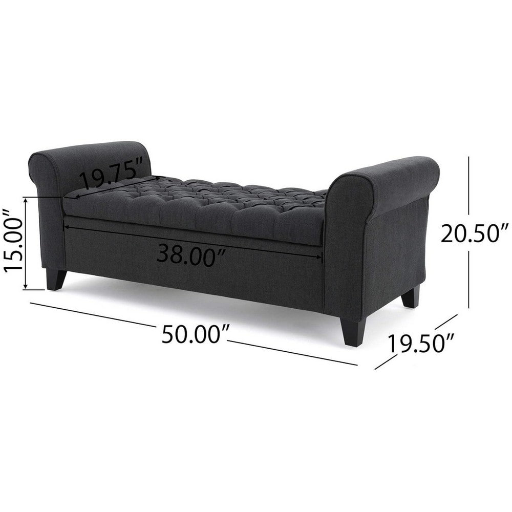 Shawn Storage Bench with Rolled Arms, 50 Inch Button Tufted Dark Gray  - BM324421