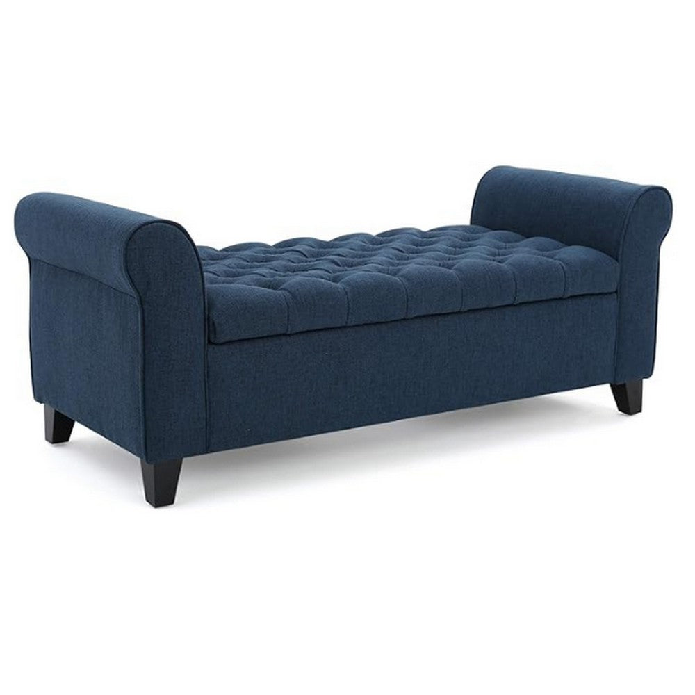 Shawn Storage Bench with Rolled Arms, 50 Inch Button Tufted, Dark Blue - BM324422